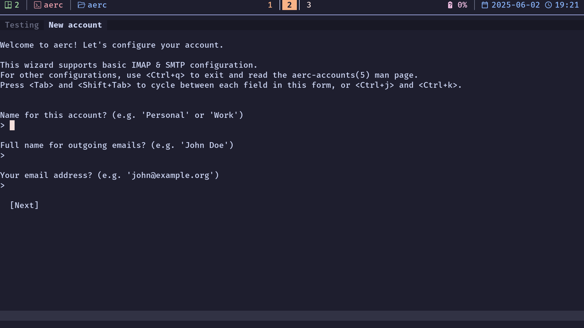 a screenshot of the new account wizard in the terminal