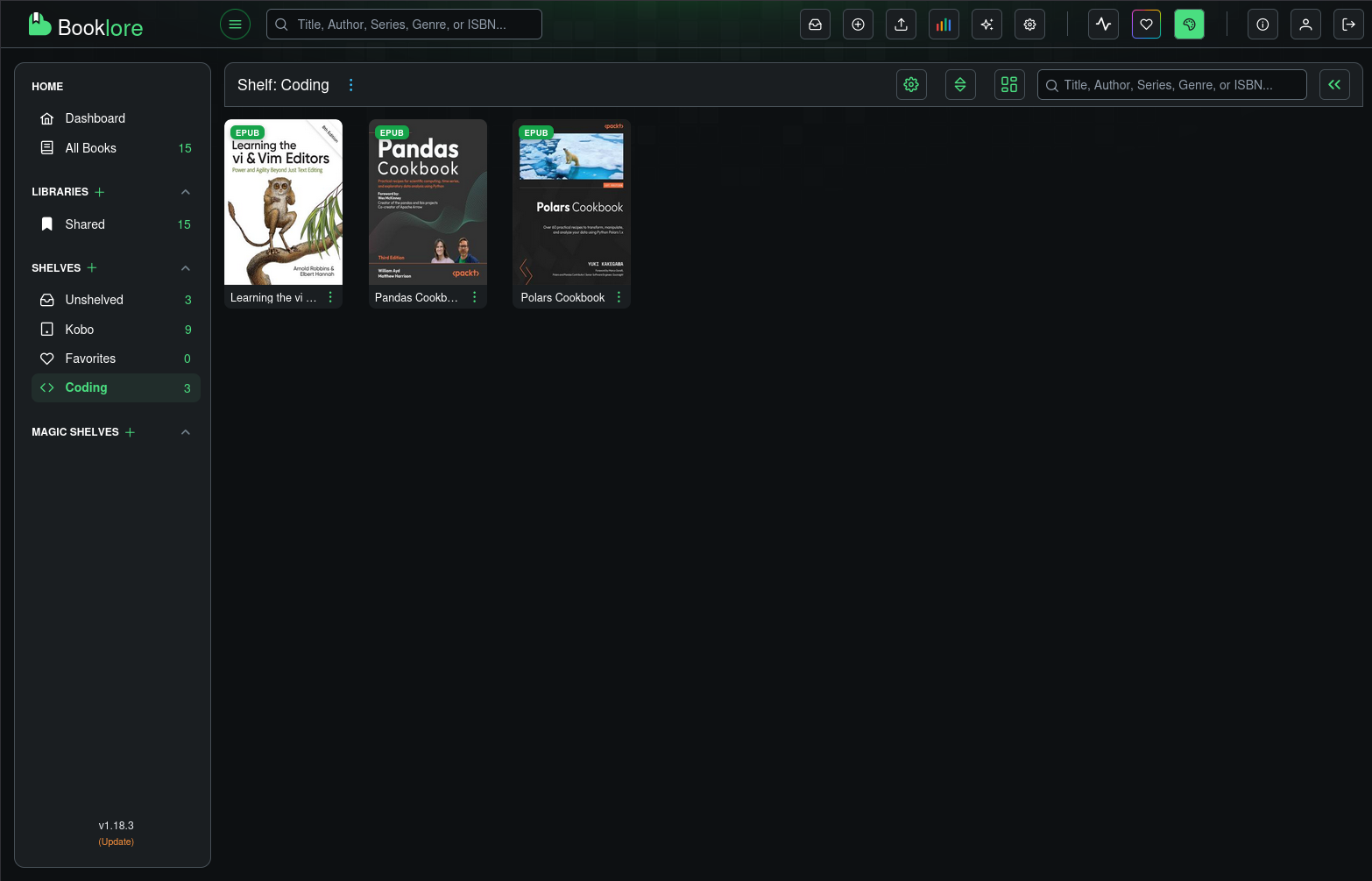 a screenshot of the main booklore interface