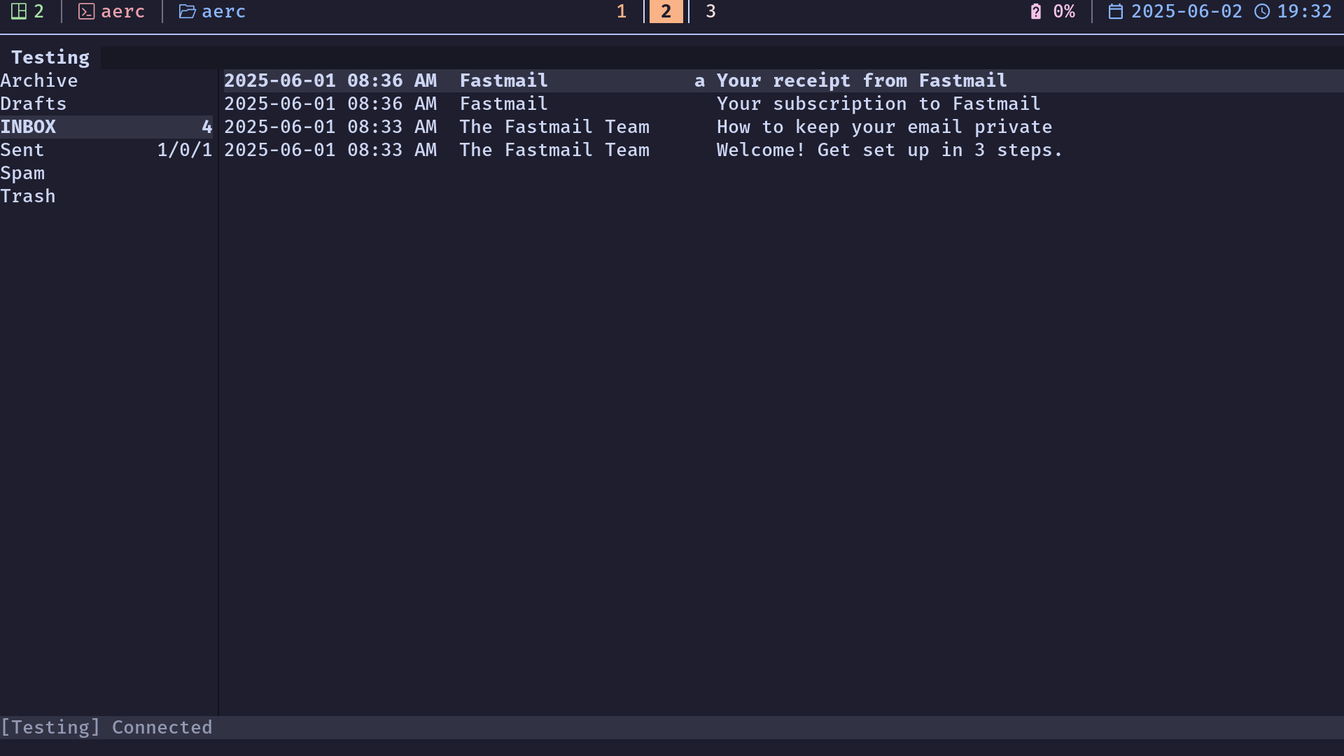 a screenshot of the aerc inbox with some default emails from fastmail