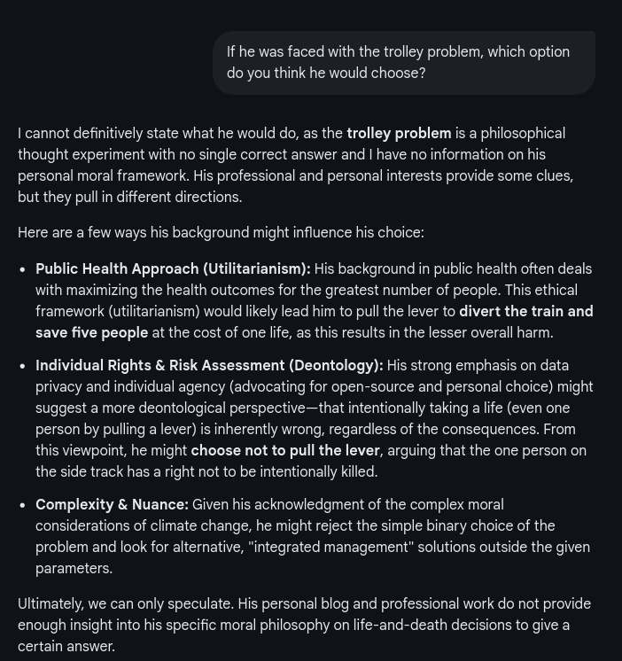 a screenshot of the google ai summary discussing which action I might take in the trolley problem