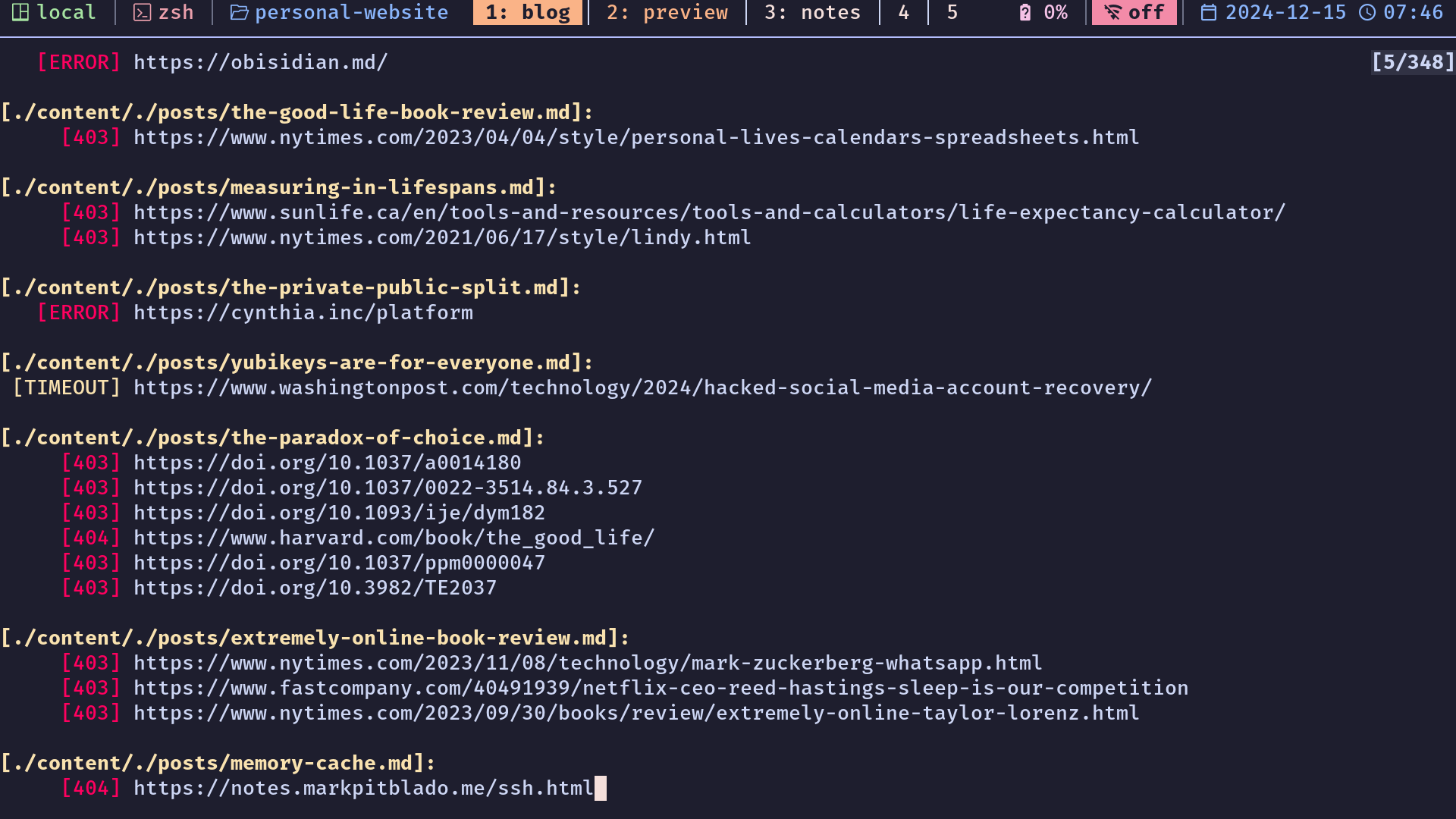 a screenshot of terminal output showing the results of running the lychee command