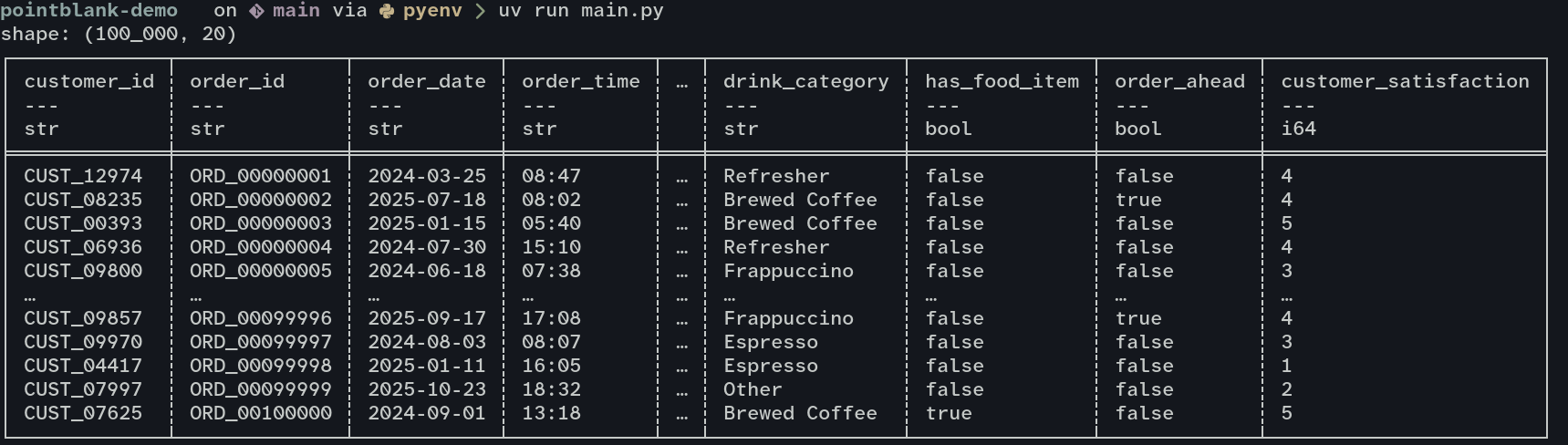 a screenshot of the dataframe being printed to the terminal standard output