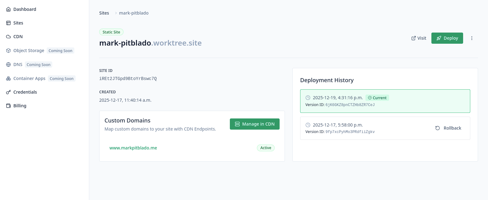 a screenshot of the worktree static site console