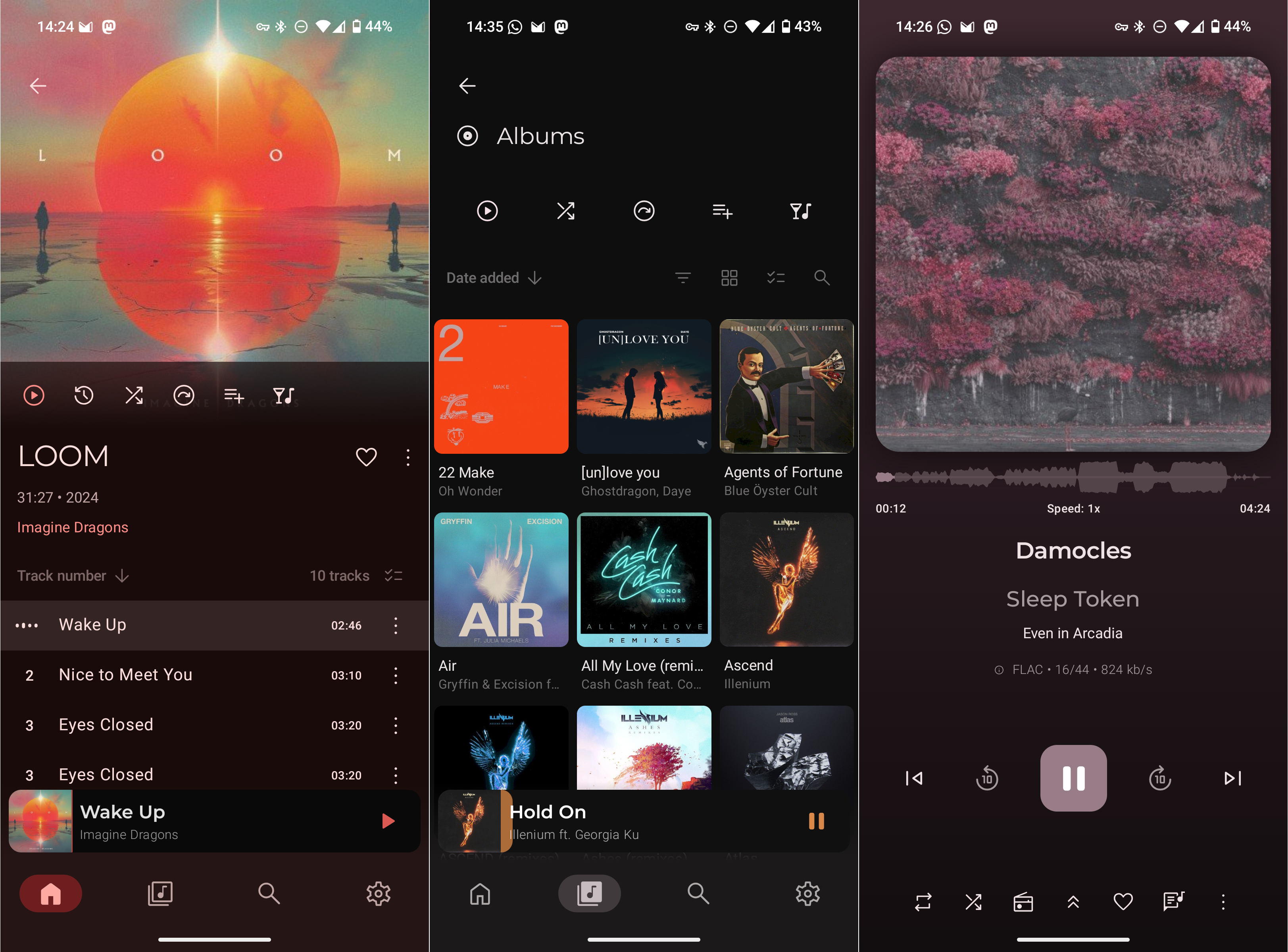 various screenshots from the symfonium app on android